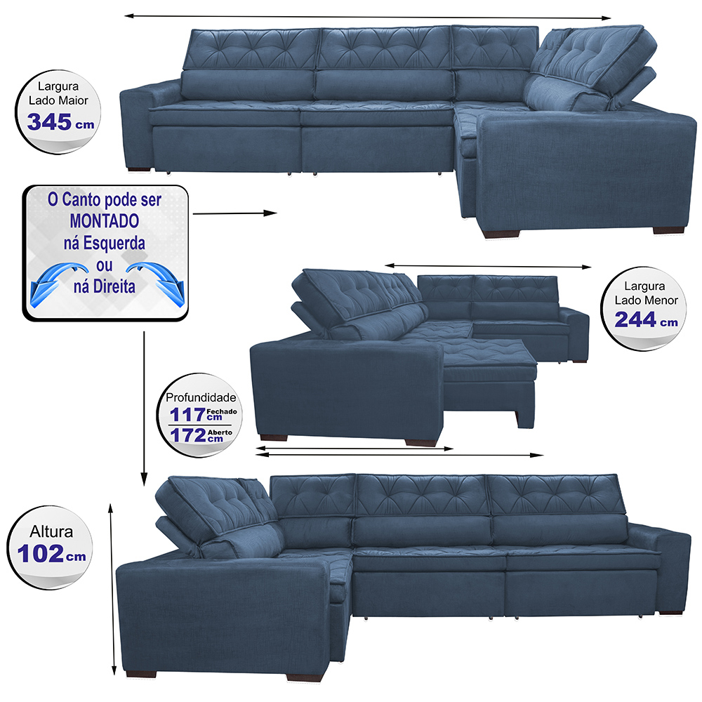 Sofa de Canto Retrátil e Reclinável com Molas Cama inBox Austin 3,45X2,44 ou 2,44X3,45 Suede Velusoft Azul