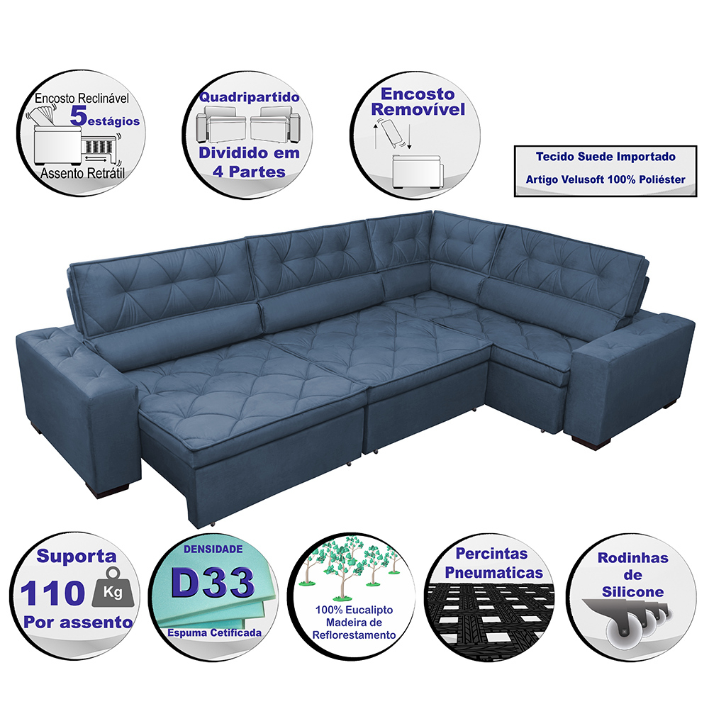 Sofa de Canto Retrátil e Reclinável com Molas Cama inBox Austin 3,45X2,44 ou 2,44X3,45 Suede Velusoft Azul