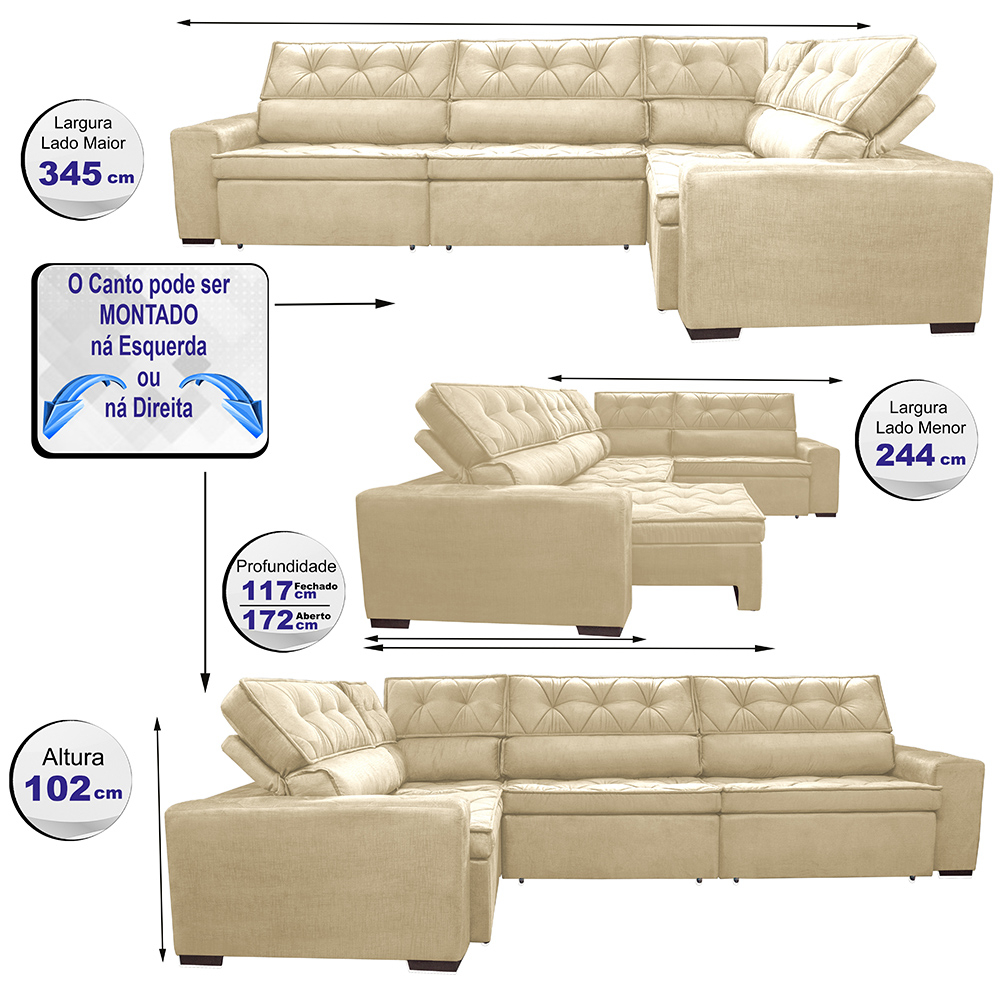Sofa de Canto Retrátil e Reclinável com Molas Cama inBox Austin 3,45X2,44 ou 2,44X3,45 Suede Velusoft Bege