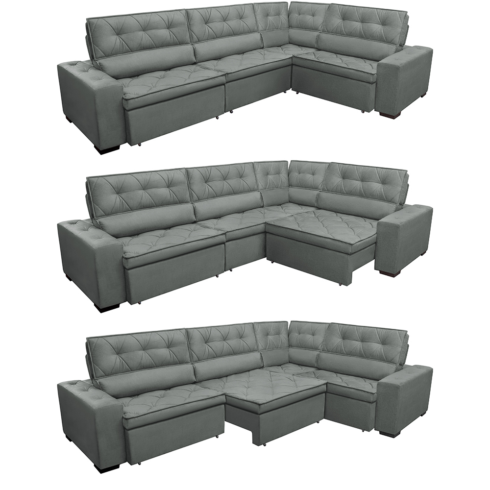 Sofa de Canto Retrátil e Reclinável com Molas Cama inBox Austin 3,45X2,44 ou 2,44X3,45 Suede Velusoft Cinza