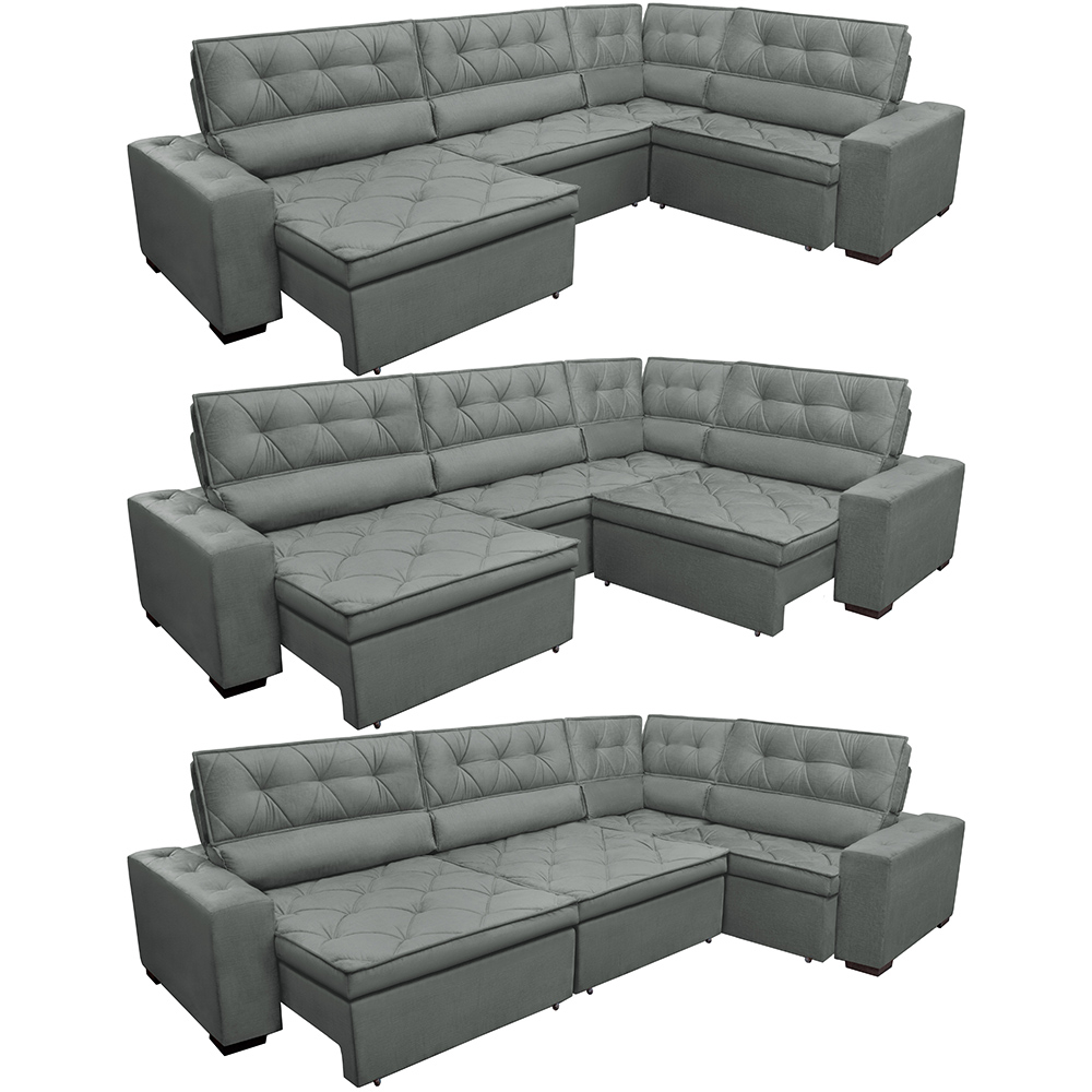 Sofa de Canto Retrátil e Reclinável com Molas Cama inBox Austin 3,45X2,44 ou 2,44X3,45 Suede Velusoft Cinza