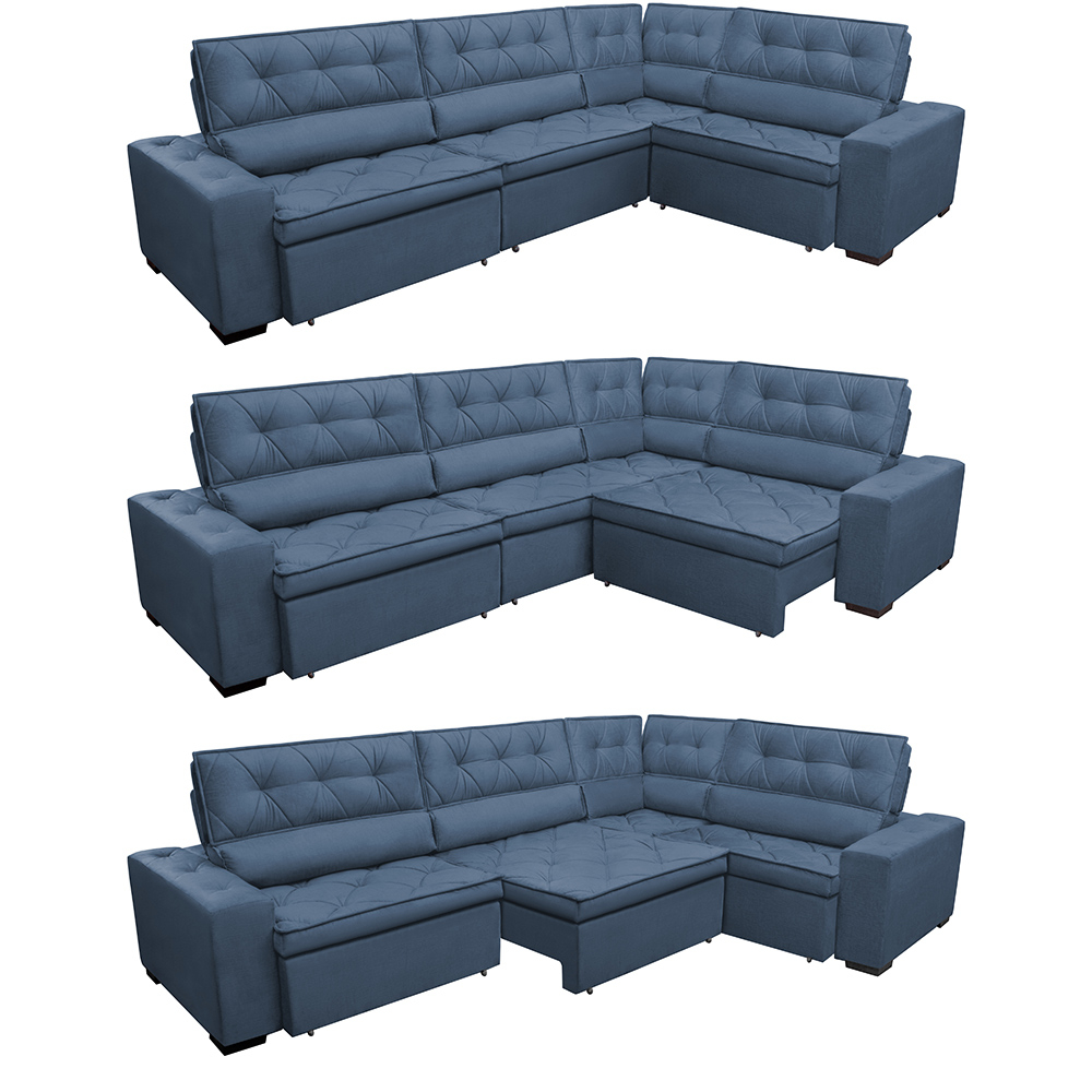 Sofa de Canto Retrátil e Reclinável com Molas Cama inBox Austin 3,65X2,54 ou 2,54X3,65 Suede Velusoft Azul