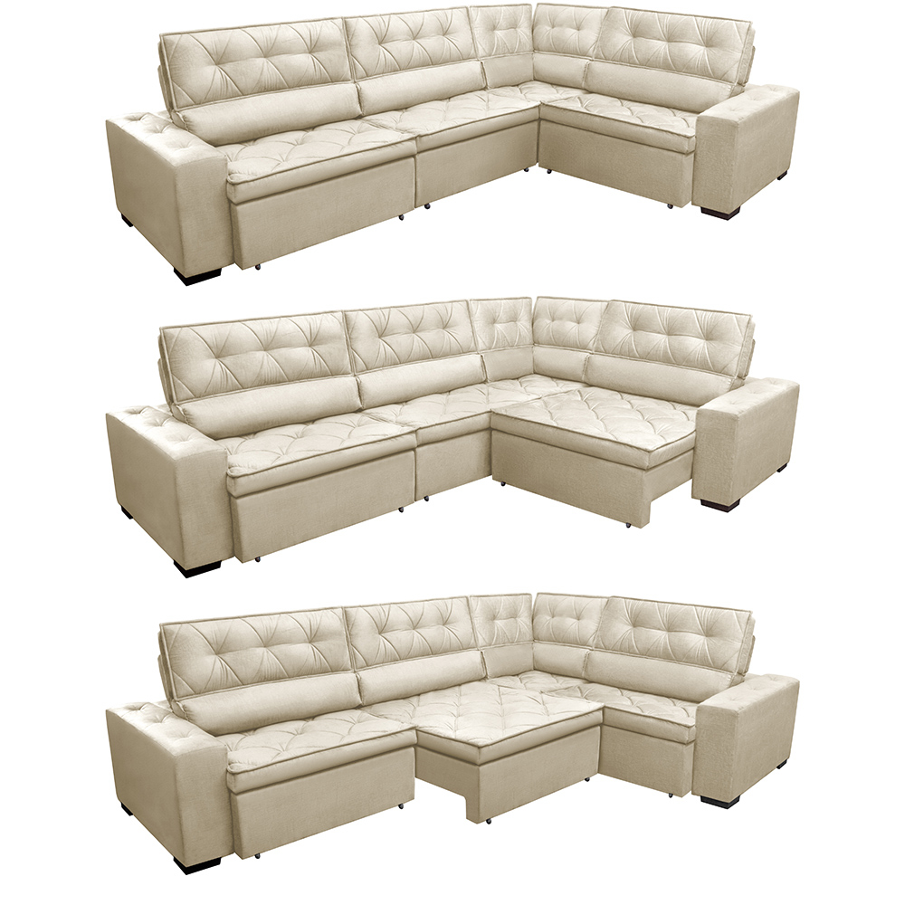 Sofa de Canto Retrátil e Reclinável com Molas Cama inBox Austin 3,65X2,54 ou 2,54X3,65 Suede Velusoft Bege