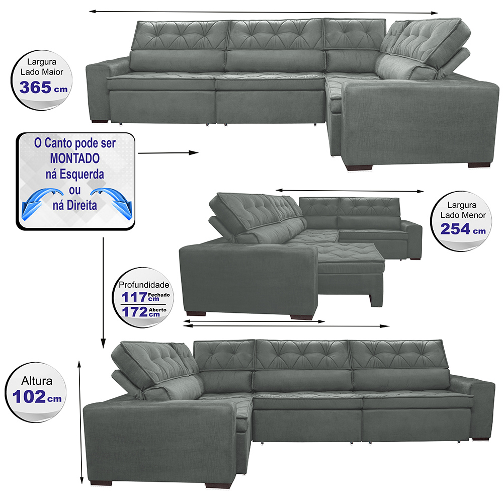 Sofa de Canto Retrátil e Reclinável com Molas Cama inBox Austin 3,65X2,54 ou 2,54X3,65 Suede Velusoft Cinza