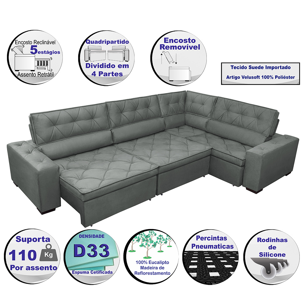 Sofa de Canto Retrátil e Reclinável com Molas Cama inBox Austin 3,65X2,54 ou 2,54X3,65 Suede Velusoft Cinza