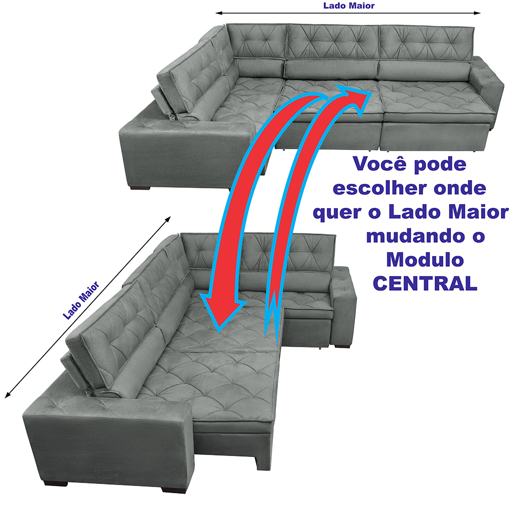 Sofa de Canto Retrátil e Reclinável com Molas Cama inBox Austin 3,65X2,54 ou 2,54X3,65 Suede Velusoft Cinza