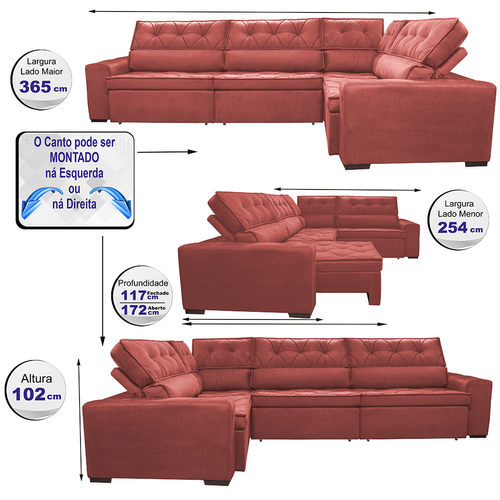 Sofa de Canto Retrátil e Reclinável com Molas Cama inBox Austin 3,65X2,54 ou 2,54X3,65 Suede Velusoft Vermelho