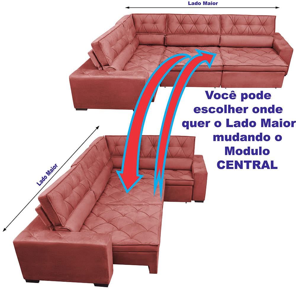 Sofa de Canto Retrátil e Reclinável com Molas Cama inBox Austin 3,65X2,54 ou 2,54X3,65 Suede Velusoft Vermelho