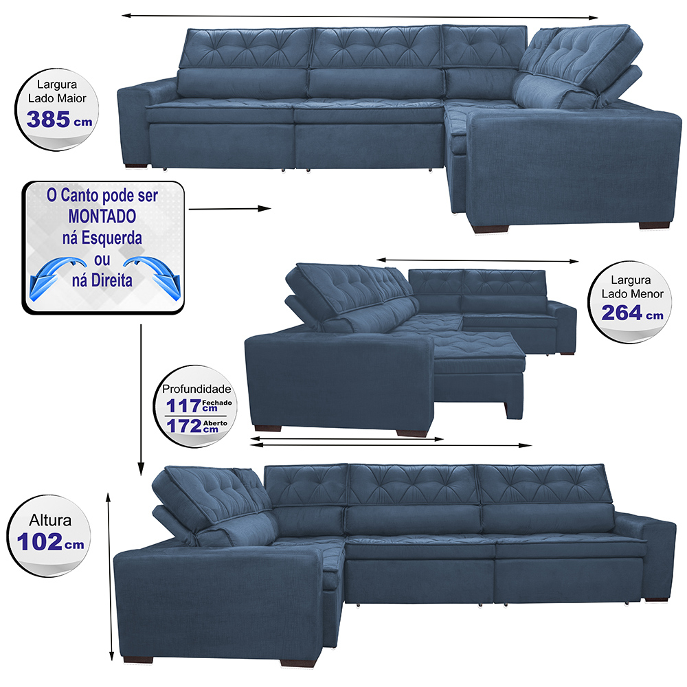 Sofa de Canto Retrátil e Reclinável com Molas Cama inBox Austin 3,85X2,64 ou 2,64X3,85 Suede Velusoft Azul
