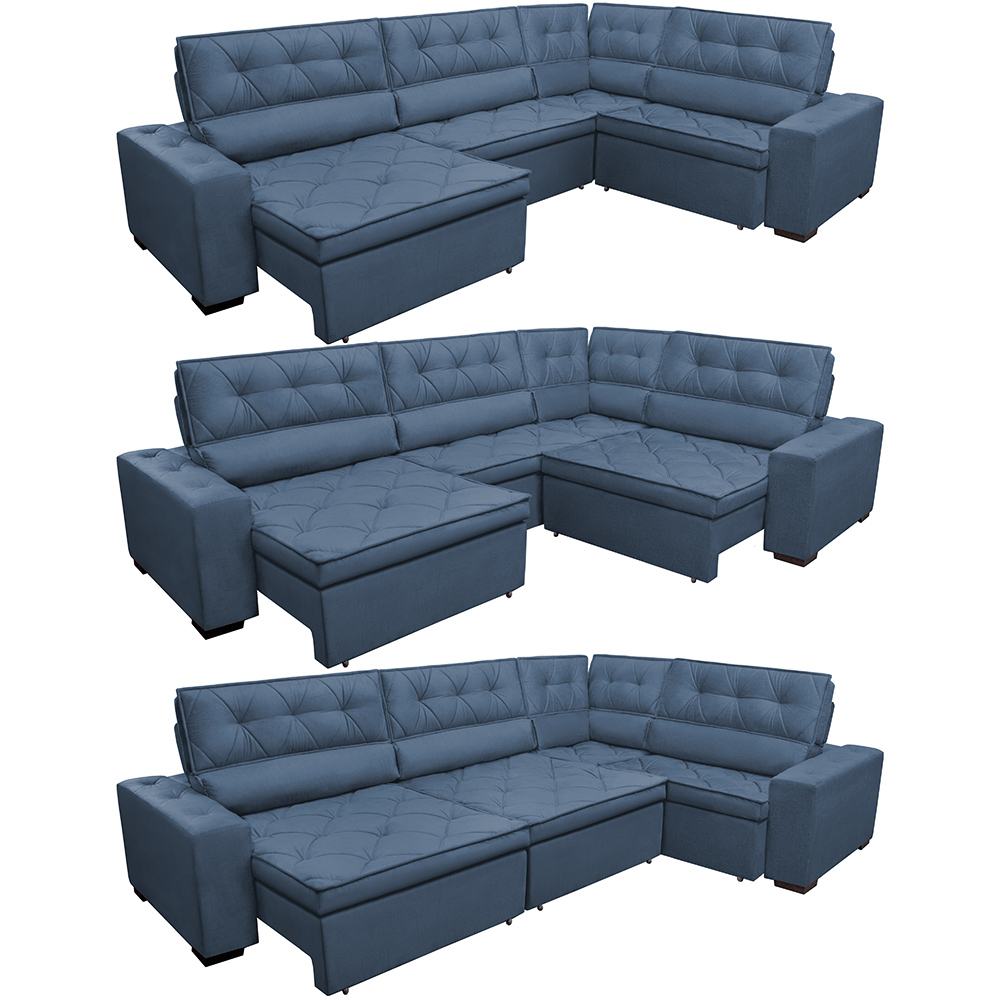 Sofa de Canto Retrátil e Reclinável com Molas Cama inBox Austin 3,85X2,64 ou 2,64X3,85 Suede Velusoft Azul