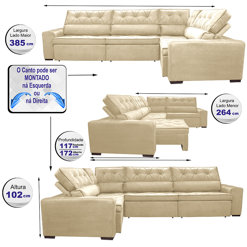 Sofa de Canto Retrátil e Reclinável com Molas Cama inBox Austin 3,85X2,64 ou 2,64X3,85 Suede Velusoft Bege