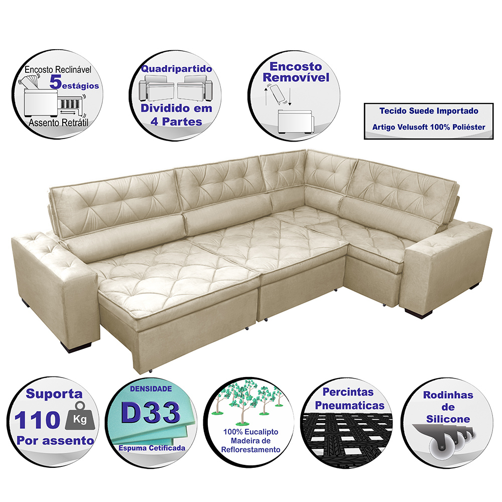 Sofa de Canto Retrátil e Reclinável com Molas Cama inBox Austin 3,85X2,64 ou 2,64X3,85 Suede Velusoft Bege