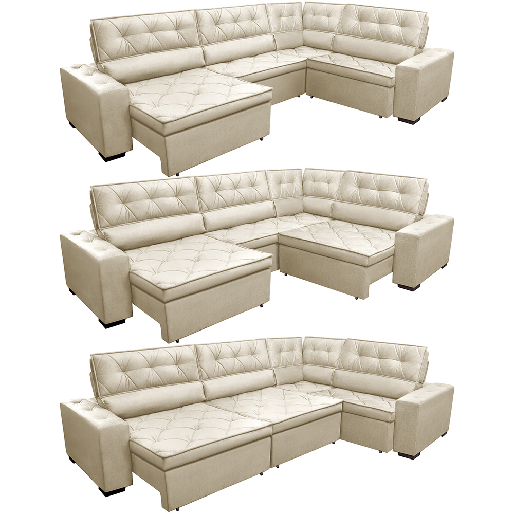 Sofa de Canto Retrátil e Reclinável com Molas Cama inBox Austin 3,85X2,64 ou 2,64X3,85 Suede Velusoft Bege