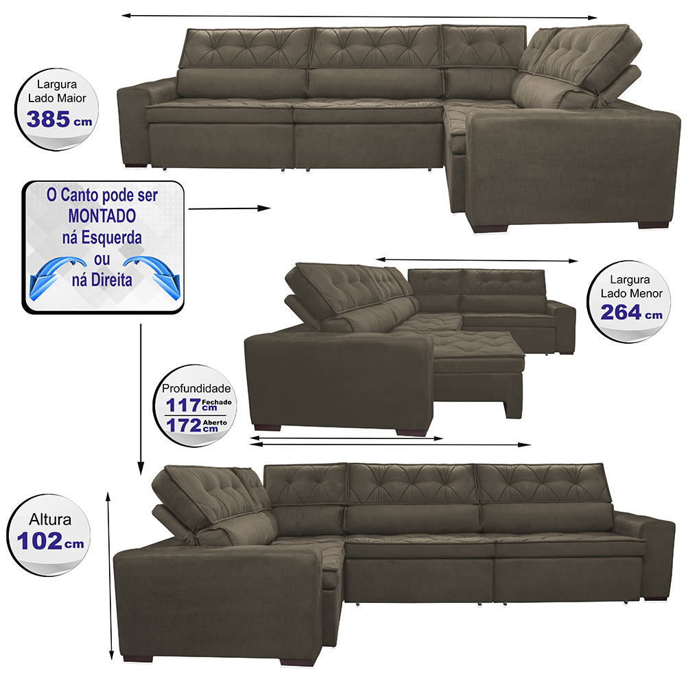 Sofa de Canto Retrátil e Reclinável com Molas Cama inBox Austin 3,85X2,64 ou 2,64X3,85 Suede Velusoft Café