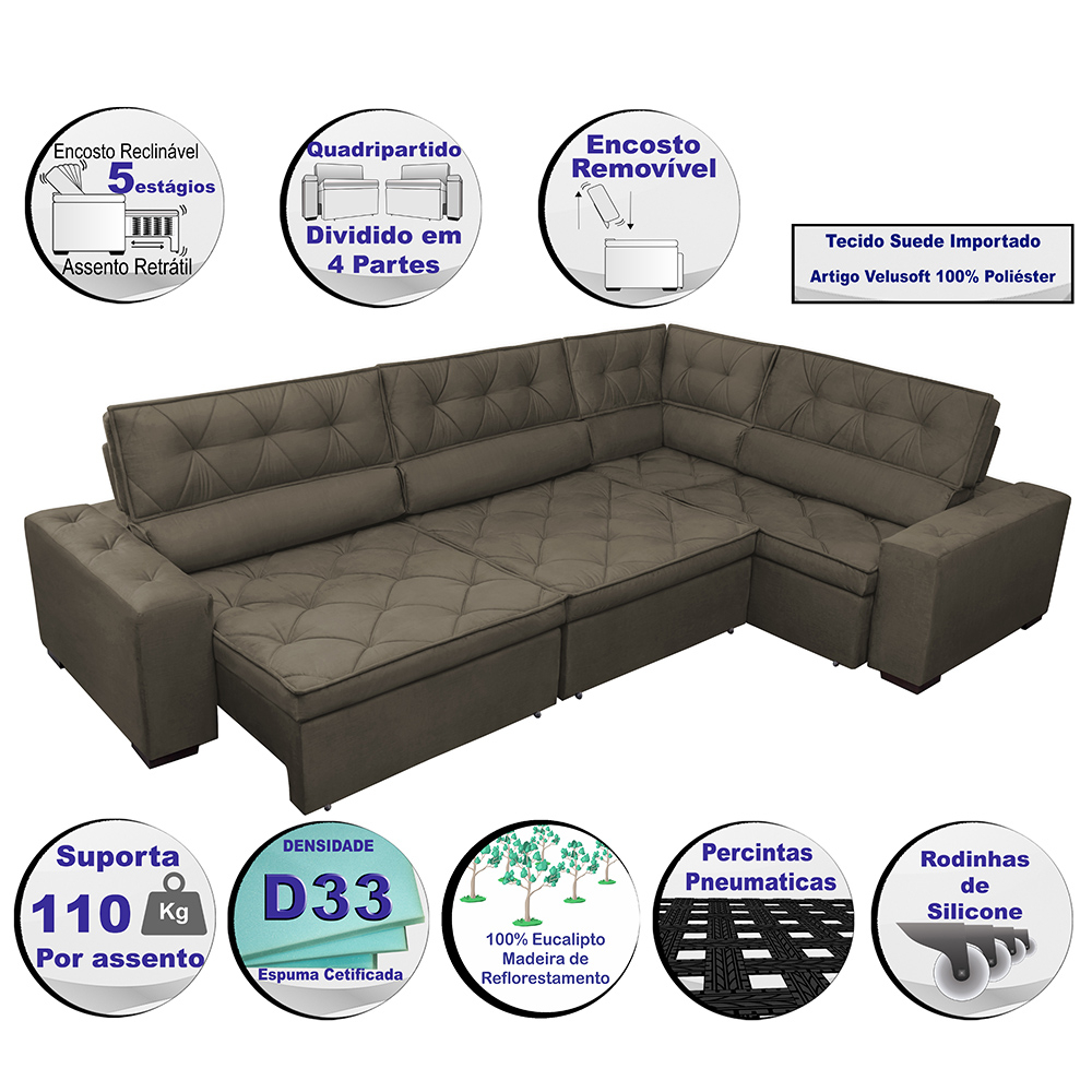 Sofa de Canto Retrátil e Reclinável com Molas Cama inBox Austin 3,85X2,64 ou 2,64X3,85 Suede Velusoft Café