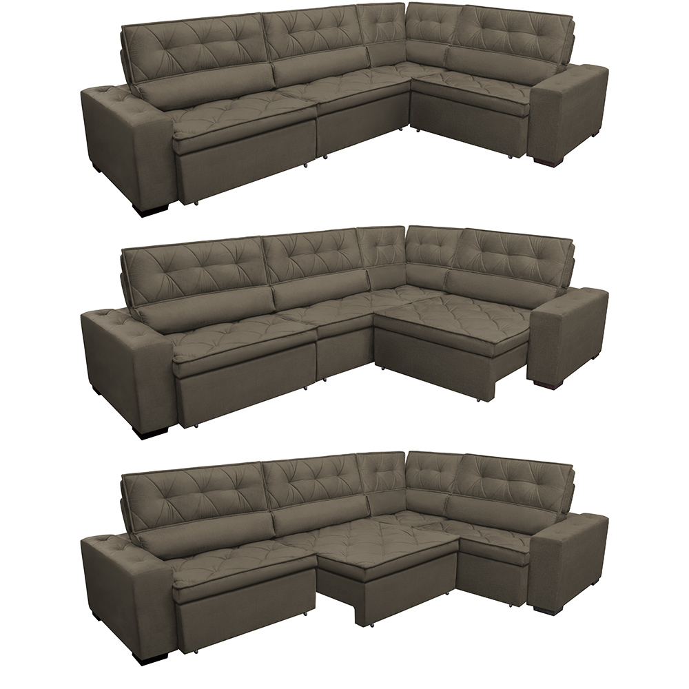 Sofa de Canto Retrátil e Reclinável com Molas Cama inBox Austin 3,85X2,64 ou 2,64X3,85 Suede Velusoft Café