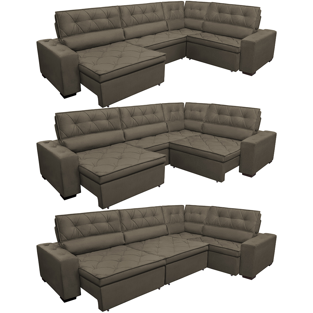 Sofa de Canto Retrátil e Reclinável com Molas Cama inBox Austin 3,85X2,64 ou 2,64X3,85 Suede Velusoft Café