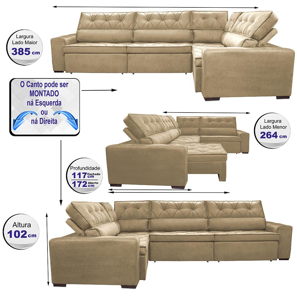 Sofa de Canto Retrátil e Reclinável com Molas Cama inBox Austin 3,85X2,64 ou 2,64X3,85 Suede Velusoft Castor