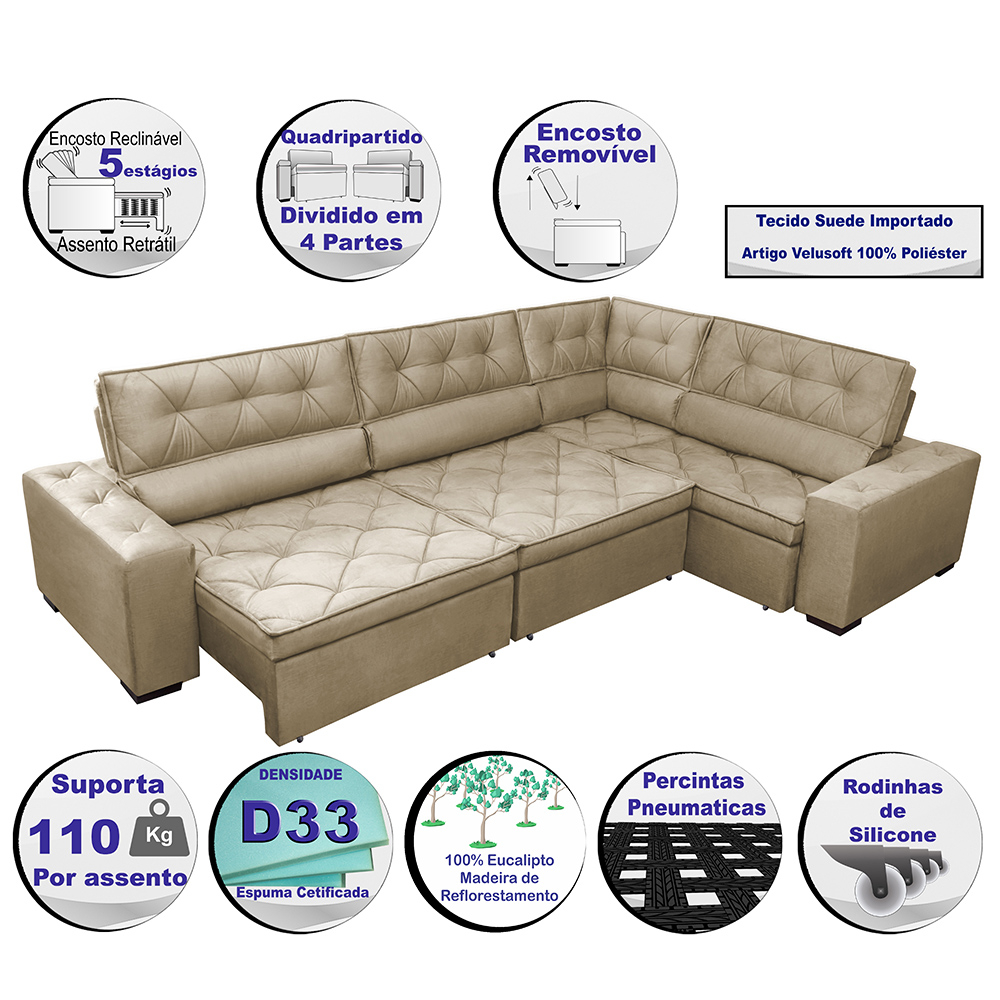 Sofa de Canto Retrátil e Reclinável com Molas Cama inBox Austin 3,85X2,64 ou 2,64X3,85 Suede Velusoft Castor