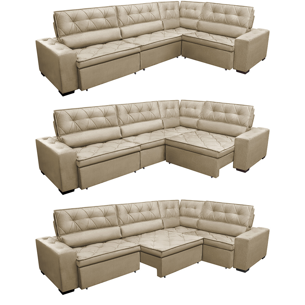 Sofa de Canto Retrátil e Reclinável com Molas Cama inBox Austin 3,85X2,64 ou 2,64X3,85 Suede Velusoft Castor