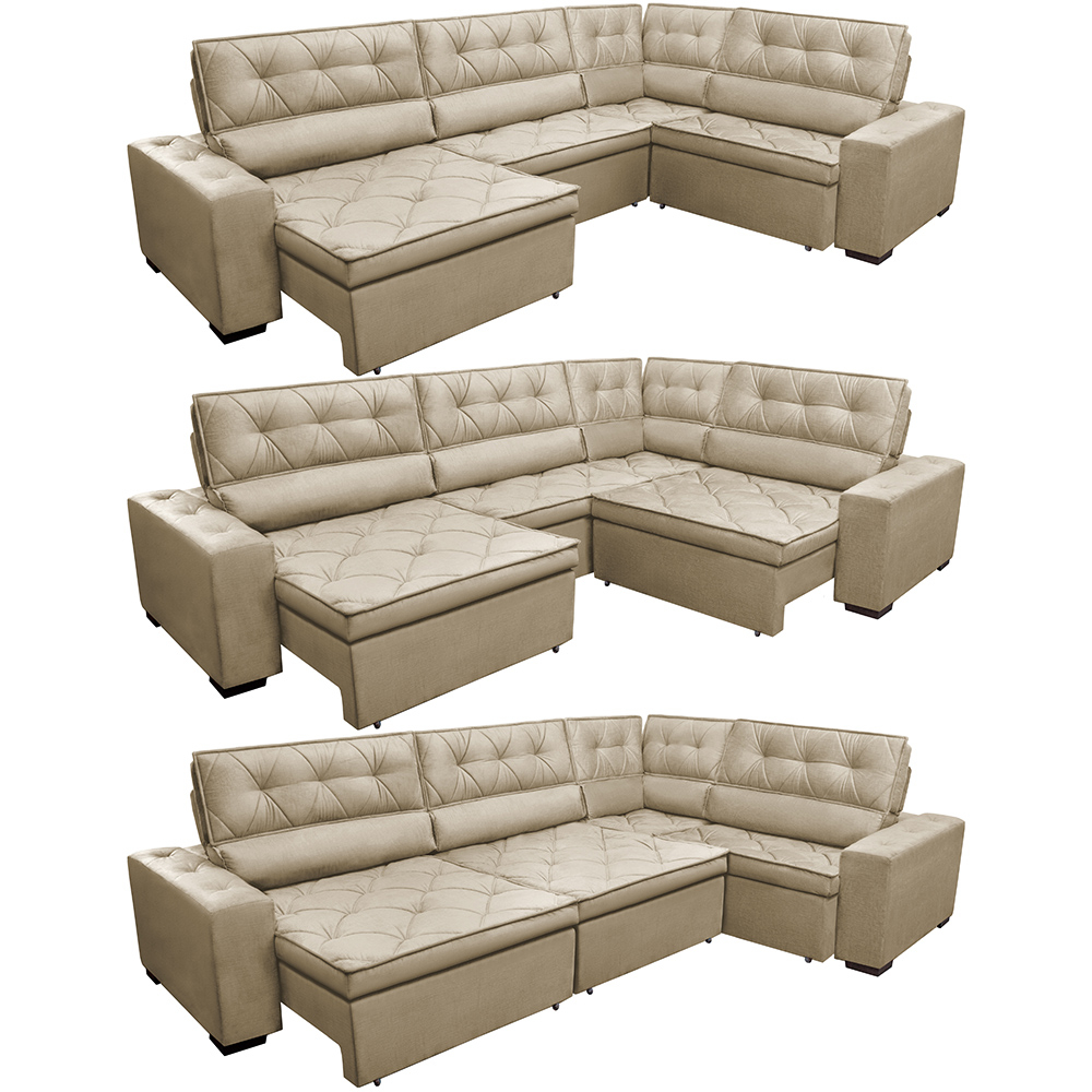 Sofa de Canto Retrátil e Reclinável com Molas Cama inBox Austin 3,85X2,64 ou 2,64X3,85 Suede Velusoft Castor