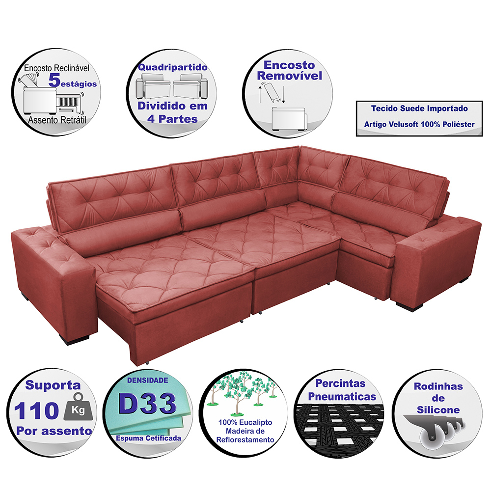 Sofa de Canto Retrátil e Reclinável com Molas Cama inBox Austin 3,85X2,64 ou 2,64X3,85 Suede Velusoft Vermelho