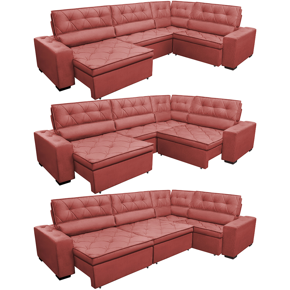 Sofa de Canto Retrátil e Reclinável com Molas Cama inBox Austin 3,85X2,64 ou 2,64X3,85 Suede Velusoft Vermelho