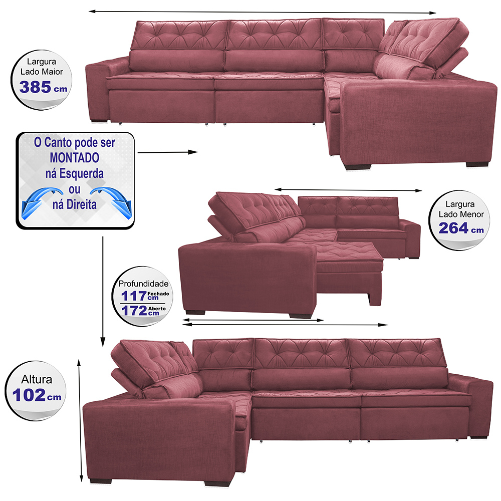 Sofa de Canto Retrátil e Reclinável com Molas Cama inBox Austin 3,85X2,64 ou 2,64X3,85 Suede Velusoft Vinho