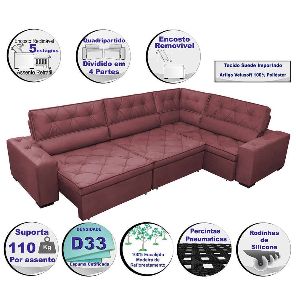 Sofa de Canto Retrátil e Reclinável com Molas Cama inBox Austin 3,85X2,64 ou 2,64X3,85 Suede Velusoft Vinho