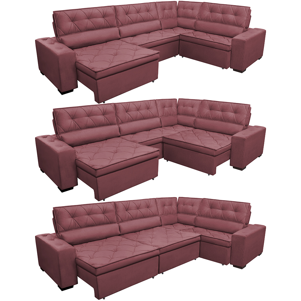 Sofa de Canto Retrátil e Reclinável com Molas Cama inBox Austin 3,85X2,64 ou 2,64X3,85 Suede Velusoft Vinho