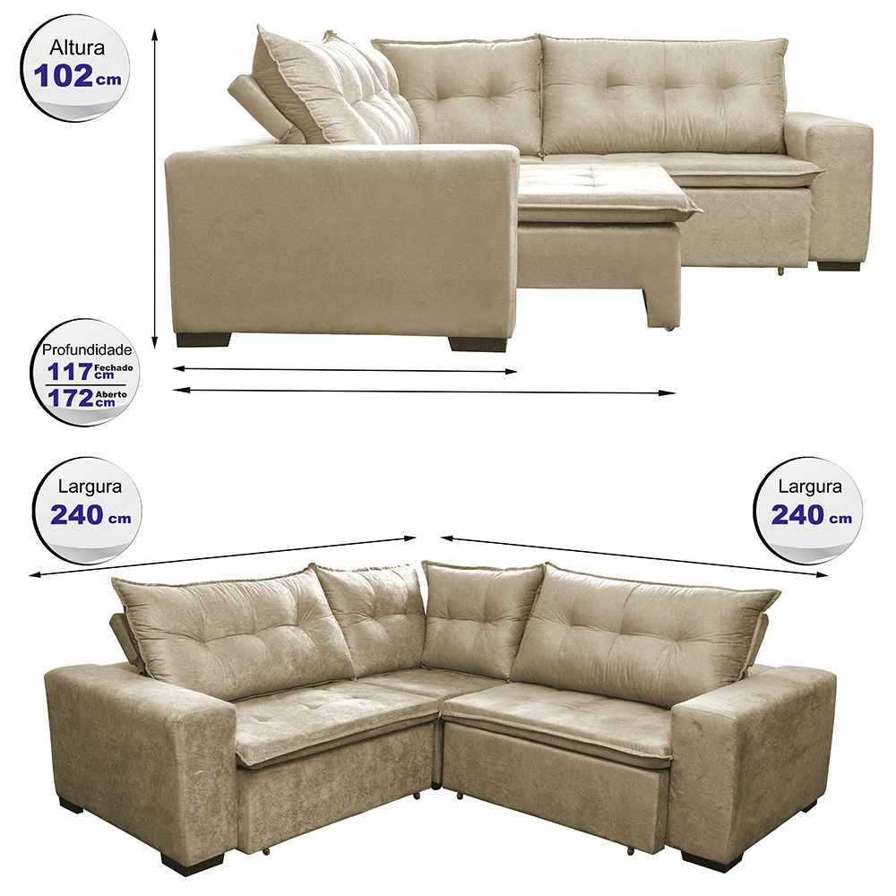 Sofa de Canto Retrátil e Reclinável com Molas Cama inBox Oklahoma 2,40m x 2,40m Suede Velusoft Bege
