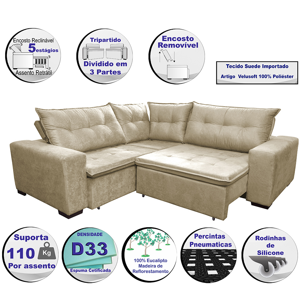 Sofa de Canto Retrátil e Reclinável com Molas Cama inBox Oklahoma 2,40m x 2,40m Suede Velusoft Bege