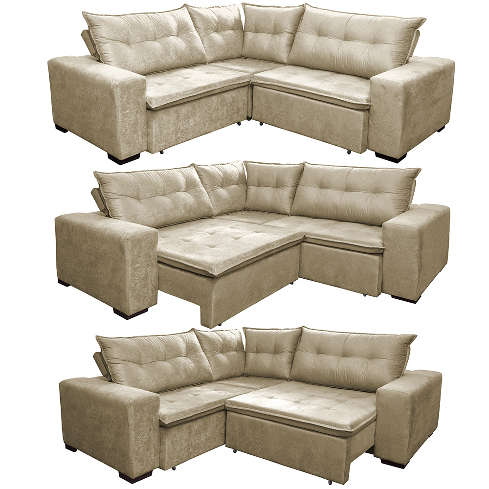 Sofa de Canto Retrátil e Reclinável com Molas Cama inBox Oklahoma 2,40m x 2,40m Suede Velusoft Bege