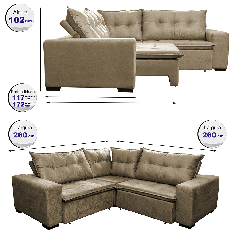 Sofa de Canto Retrátil e Reclinável com Molas Cama inBox Oklahoma 2,60m x 2,60m Suede Velusoft Castor