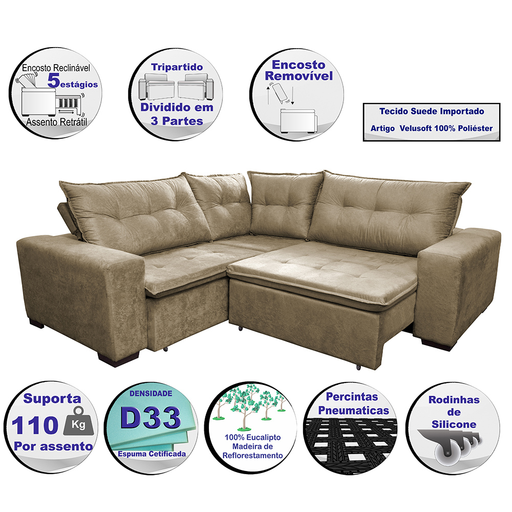 Sofa de Canto Retrátil e Reclinável com Molas Cama inBox Oklahoma 2,60m x 2,60m Suede Velusoft Castor