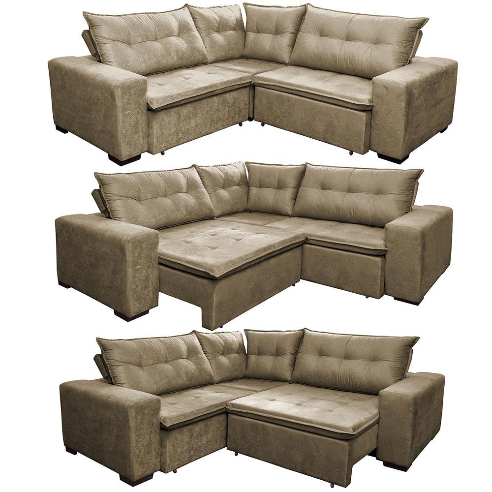 Sofa de Canto Retrátil e Reclinável com Molas Cama inBox Oklahoma 2,60m x 2,60m Suede Velusoft Castor
