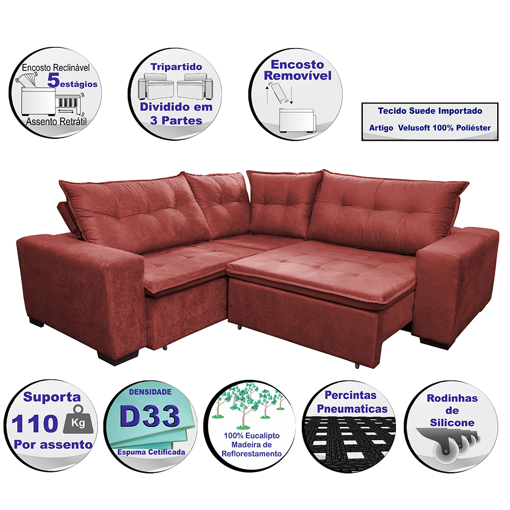 Sofa de Canto Retrátil e Reclinável com Molas Cama inBox Oklahoma 2,60m x 2,60m Suede Velusoft Vermelho
