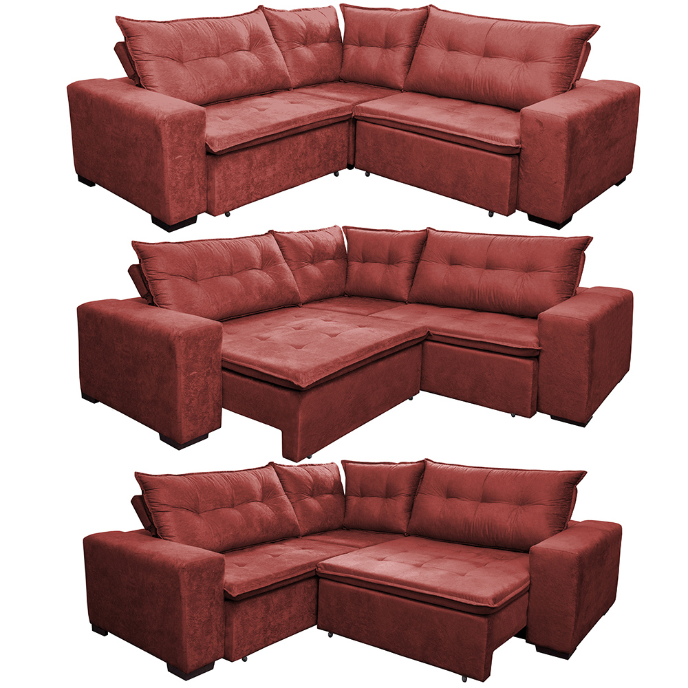 Sofa de Canto Retrátil e Reclinável com Molas Cama inBox Oklahoma 2,60m x 2,60m Suede Velusoft Vermelho