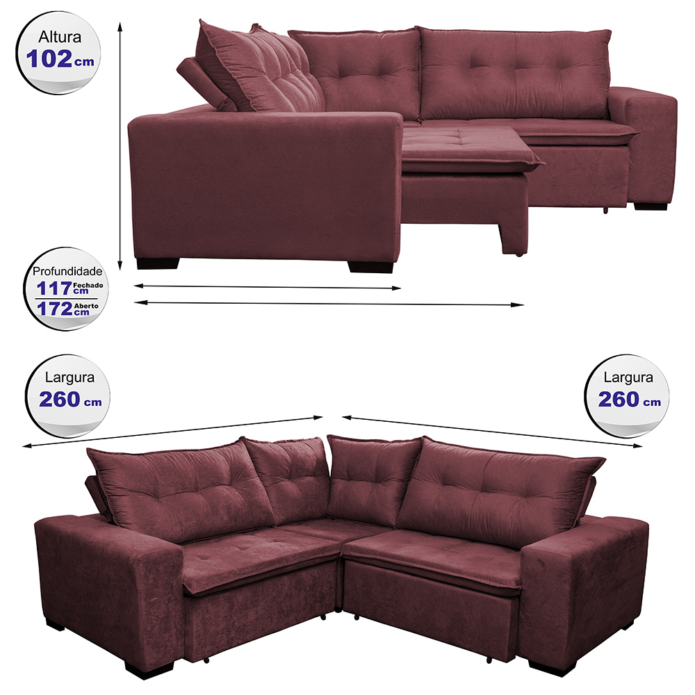 Sofa de Canto Retrátil e Reclinável com Molas Cama inBox Oklahoma 2,60m x 2,60m Suede Velusoft Vinho