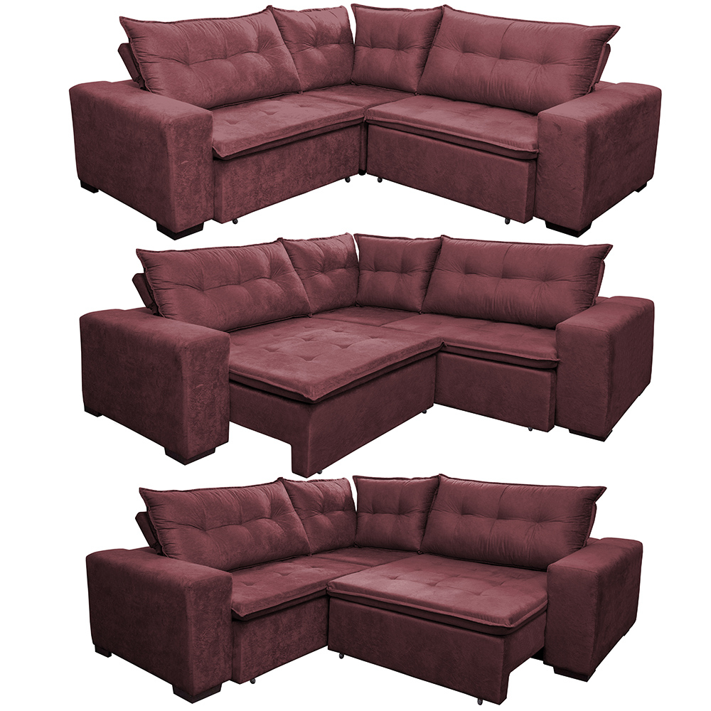 Sofa de Canto Retrátil e Reclinável com Molas Cama inBox Oklahoma 2,60m x 2,60m Suede Velusoft Vinho