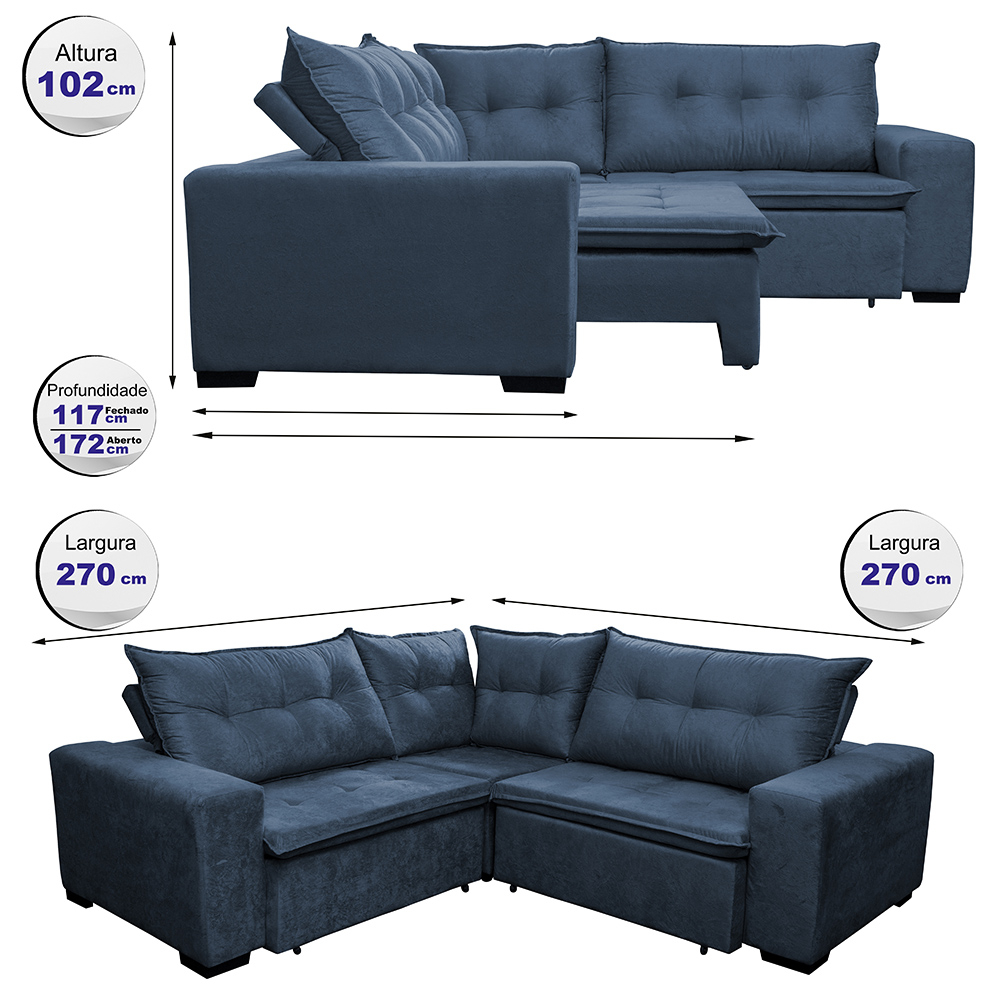 Sofa de Canto Retrátil e Reclinável com Molas Cama inBox Oklahoma 2,70m x 2,70m Suede Velusoft Azul