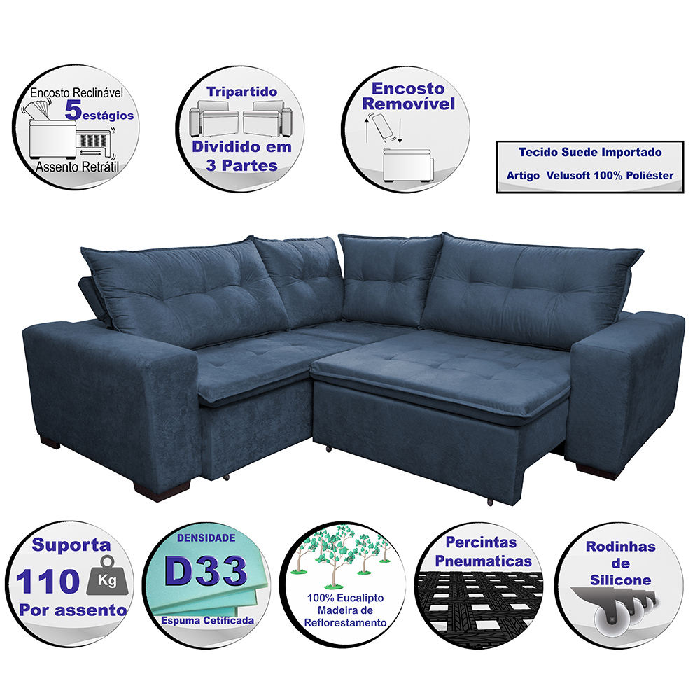 Sofa de Canto Retrátil e Reclinável com Molas Cama inBox Oklahoma 2,70m x 2,70m Suede Velusoft Azul