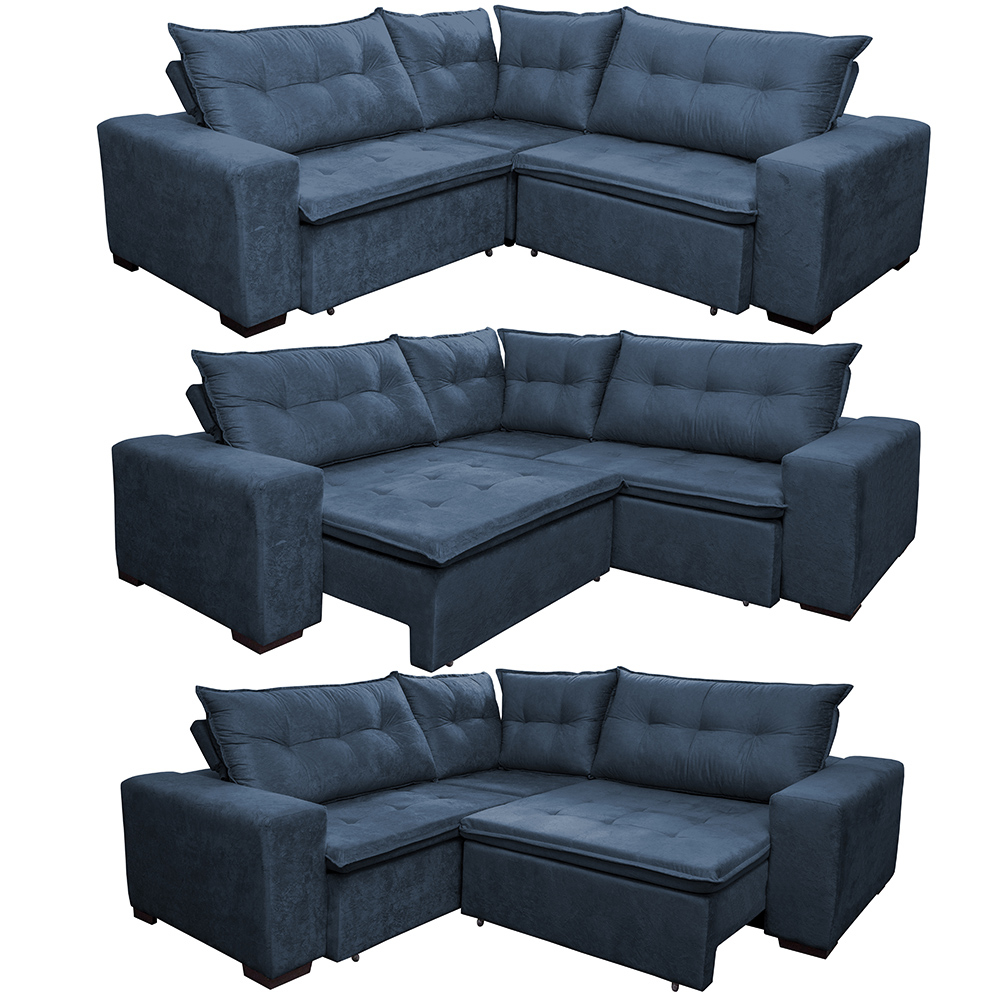 Sofa de Canto Retrátil e Reclinável com Molas Cama inBox Oklahoma 2,70m x 2,70m Suede Velusoft Azul