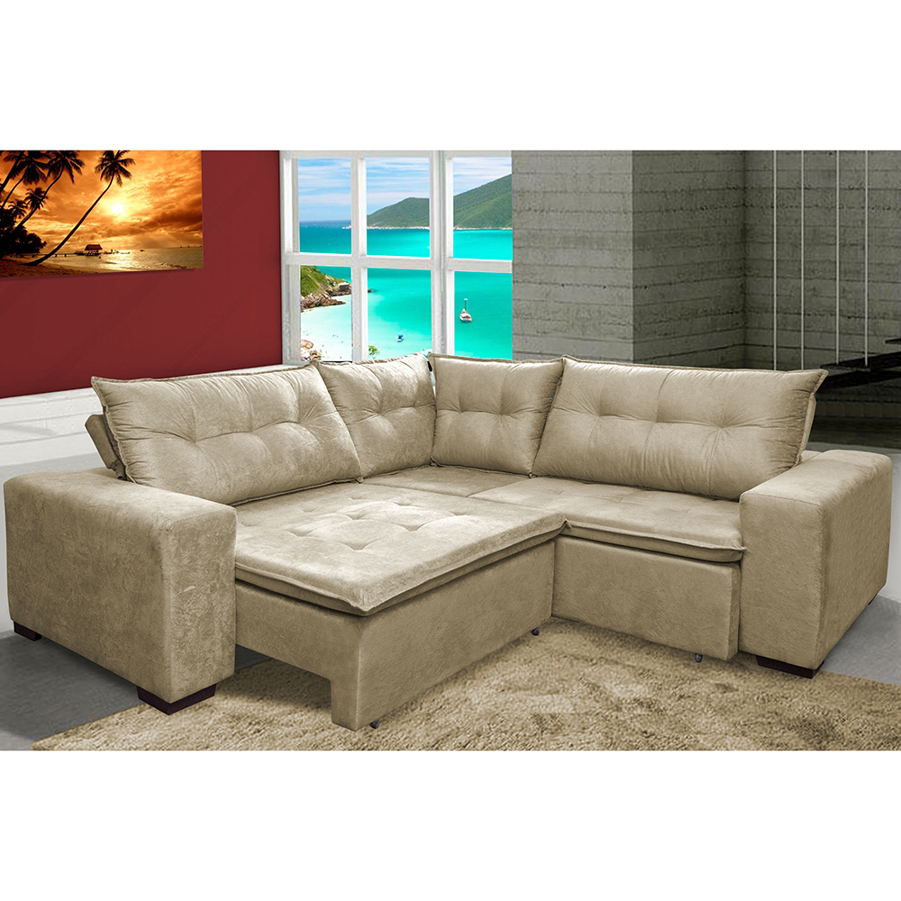 Sofa de Canto Retrátil e Reclinável com Molas Cama inBox Oklahoma 2,70m x 2,70m Suede Velusoft Bege