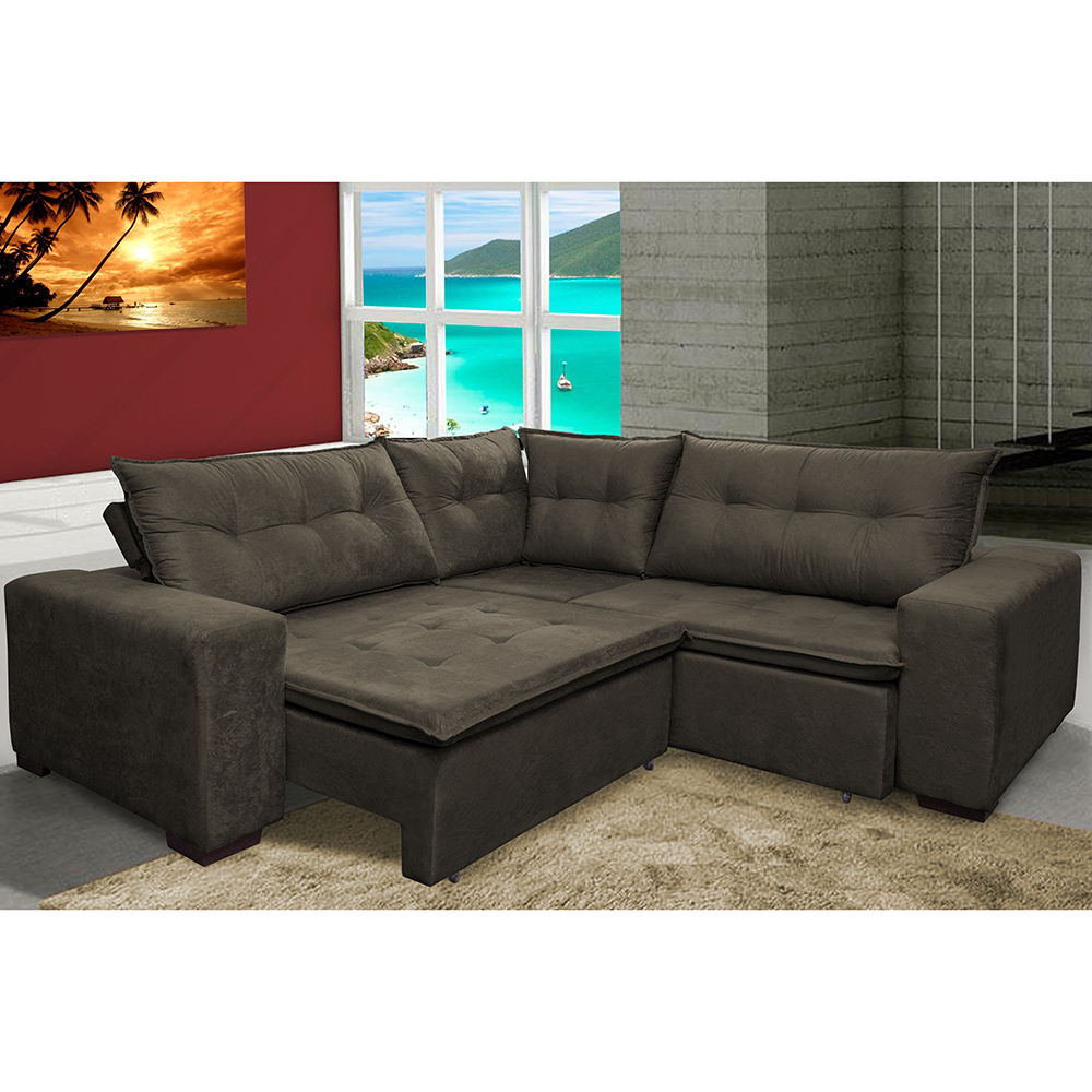 Sofa de Canto Retrátil e Reclinável com Molas Cama inBox Oklahoma 2,70m x 2,70m Suede Velusoft Café