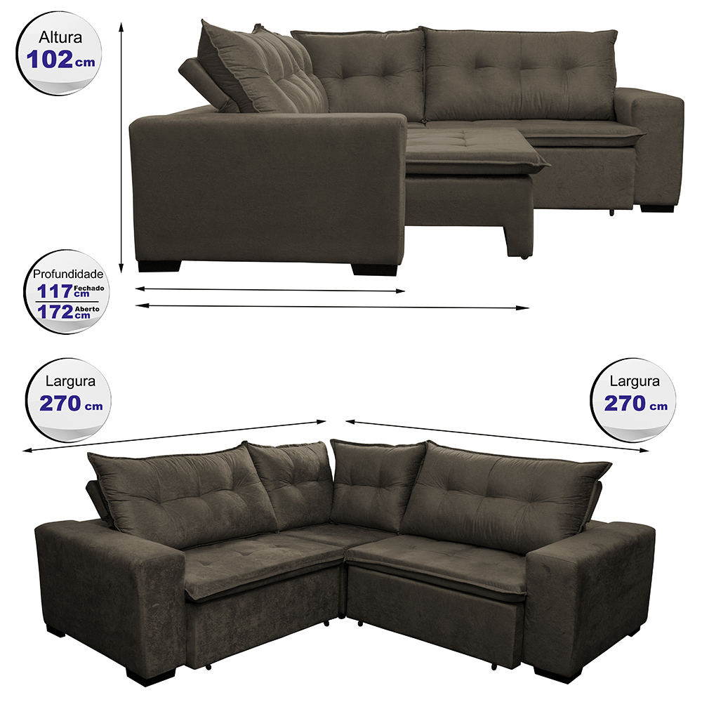 Sofa de Canto Retrátil e Reclinável com Molas Cama inBox Oklahoma 2,70m x 2,70m Suede Velusoft Café