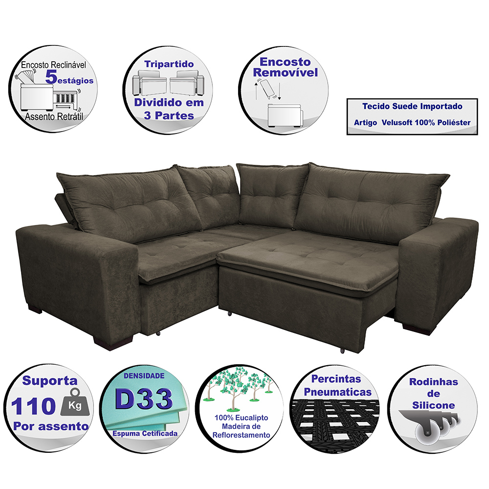 Sofa de Canto Retrátil e Reclinável com Molas Cama inBox Oklahoma 2,70m x 2,70m Suede Velusoft Café