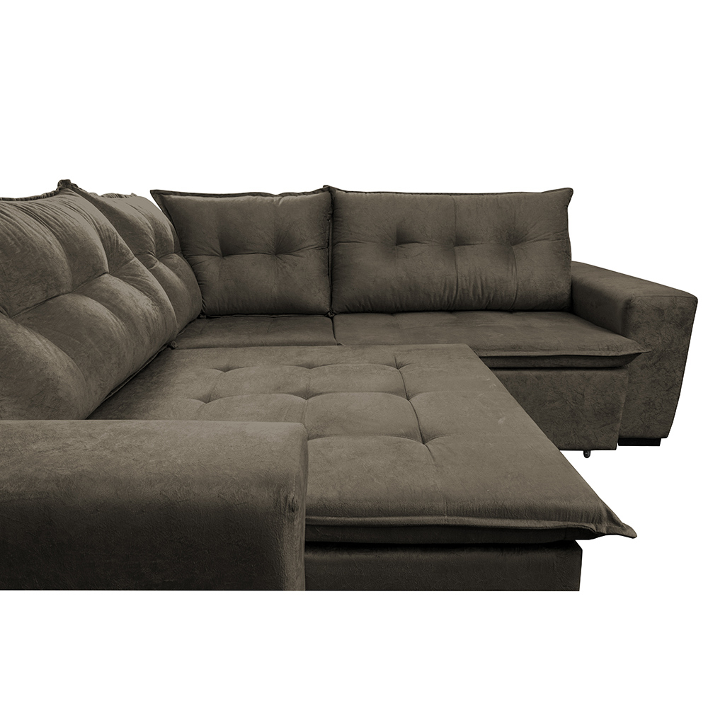 Sofa de Canto Retrátil e Reclinável com Molas Cama inBox Oklahoma 2,70m x 2,70m Suede Velusoft Café