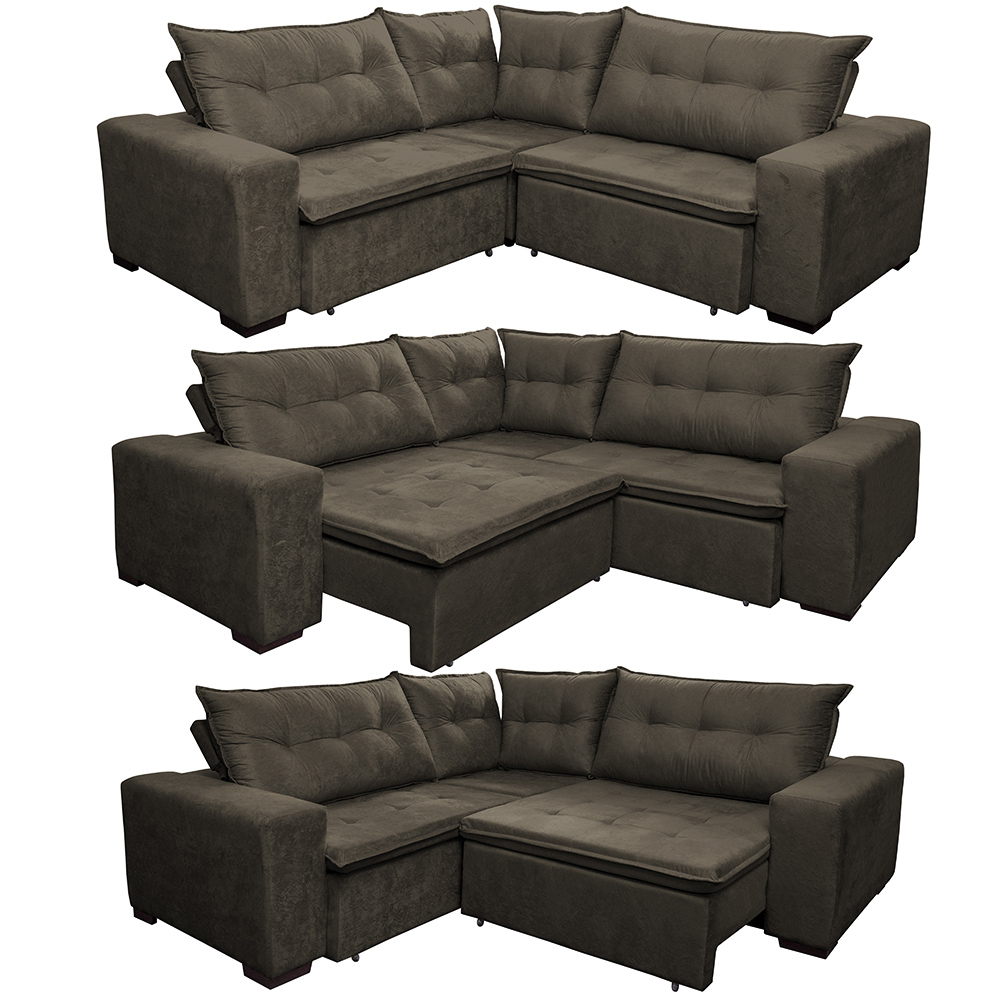 Sofa de Canto Retrátil e Reclinável com Molas Cama inBox Oklahoma 2,70m x 2,70m Suede Velusoft Café
