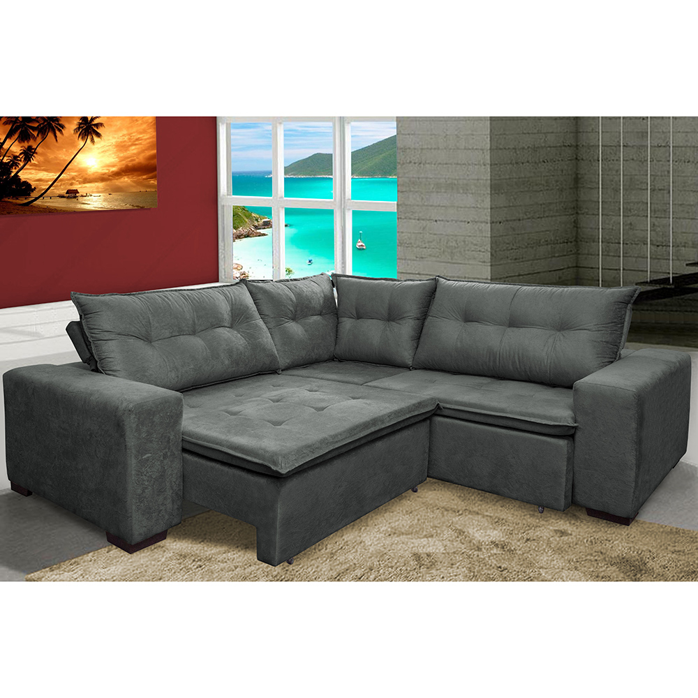 Sofa de Canto Retrátil e Reclinável com Molas Cama inBox Oklahoma 2,70m x 2,70m Suede Velusoft Cinza